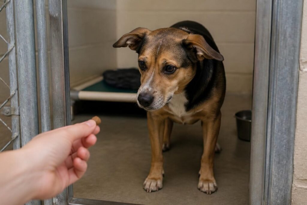 A volunteer's hand gently offering a treat through the open door of a shelter kennel to a cautious medium-sized dog