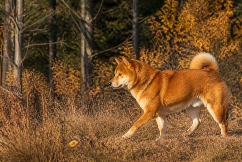 A red Shiba Inu walking through golden autumn brush and dry grass at the edge of a forest