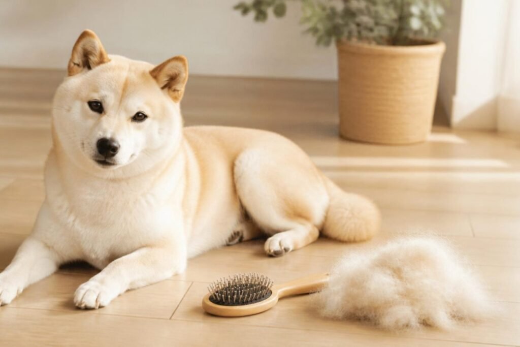 A cream Shiba Inu lying on a light wooden floor next to a grooming brush and a small pile of shed undercoat fluff