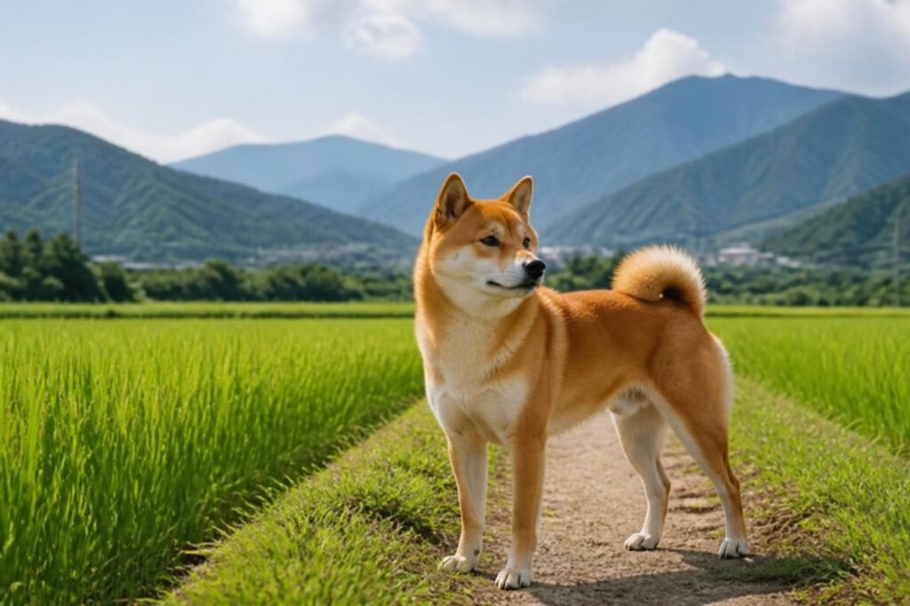 A red Shiba Inu standing alert on a narrow path between green rice fields with mountains in the distance