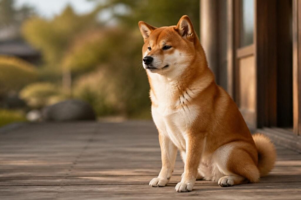 A red Shiba Inu with a white chest and a tightly curled tail sitting on a wooden porch in soft morning light