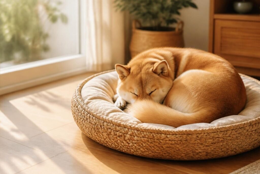 A sesame Shiba Inu curled up in a round dog bed by a sunny window with the tail wrapped over the nose