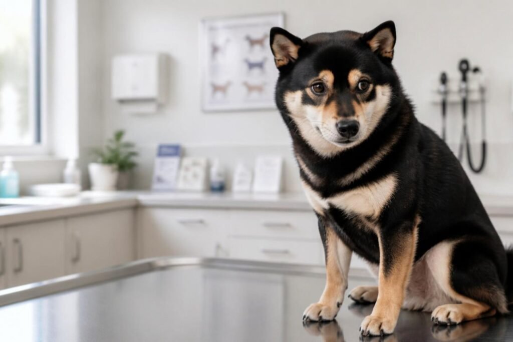 A black and tan Shiba Inu sitting on an exam table at a bright veterinary clinic with a slightly worried expression