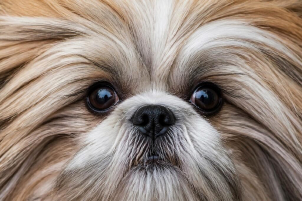 A close-up of a Shih Tzu's round face with hair fanning out in every direction around dark eyes and a short black nose