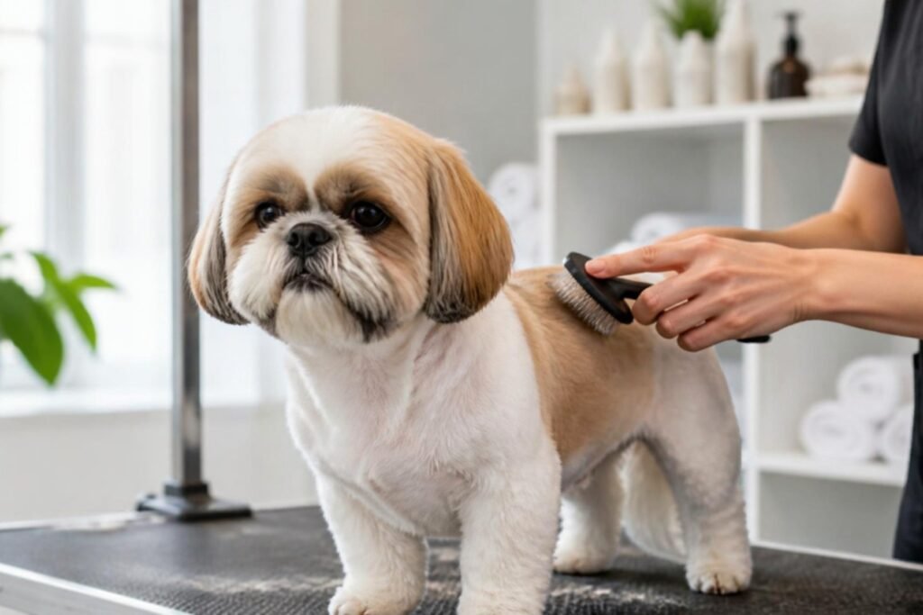 A Shih Tzu with a short puppy cut standing calmly on a grooming table while being gently brushed