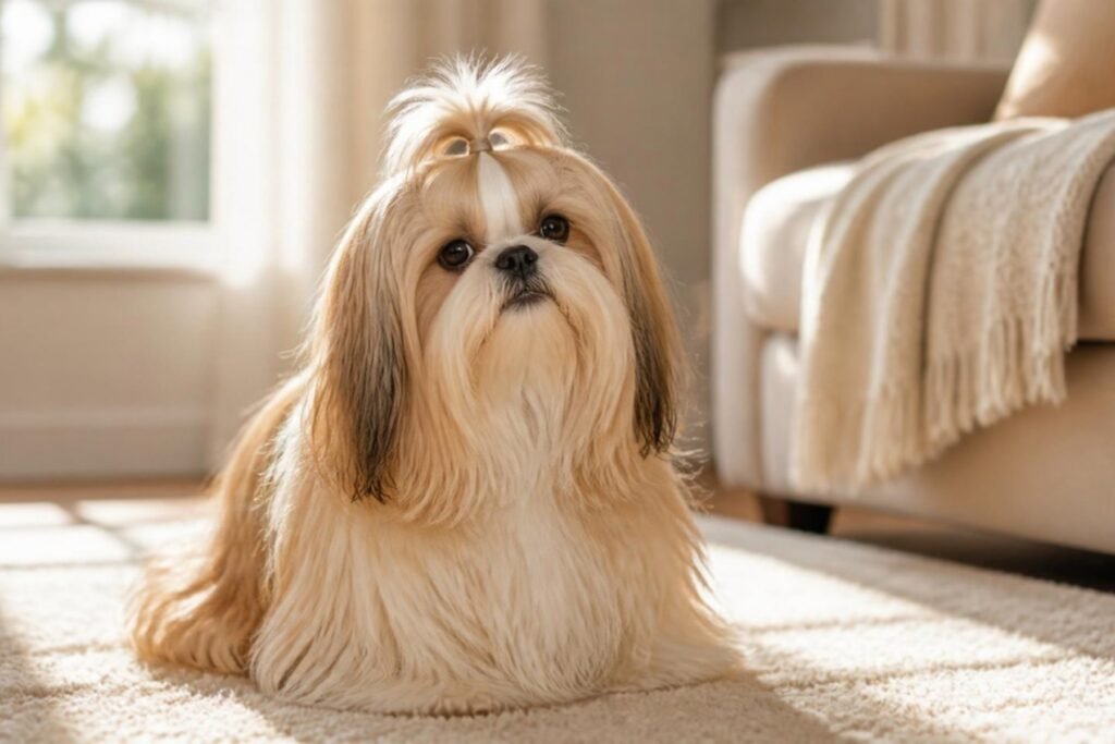 A gold and white Shih Tzu with a long flowing coat and a topknot sitting on a cream rug in a sunny living room