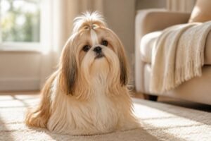A gold and white Shih Tzu with a long flowing coat and a topknot sitting on a cream rug in a sunny living room
