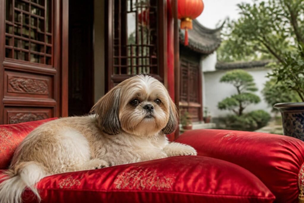 A small Shih Tzu resting on red silk cushions inside a traditional Chinese courtyard with carved wooden doors