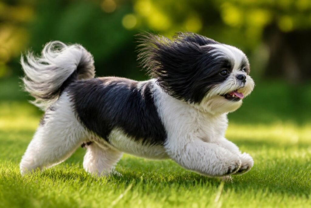 A black and white Shih Tzu trotting happily across a green lawn with ears and hair bouncing