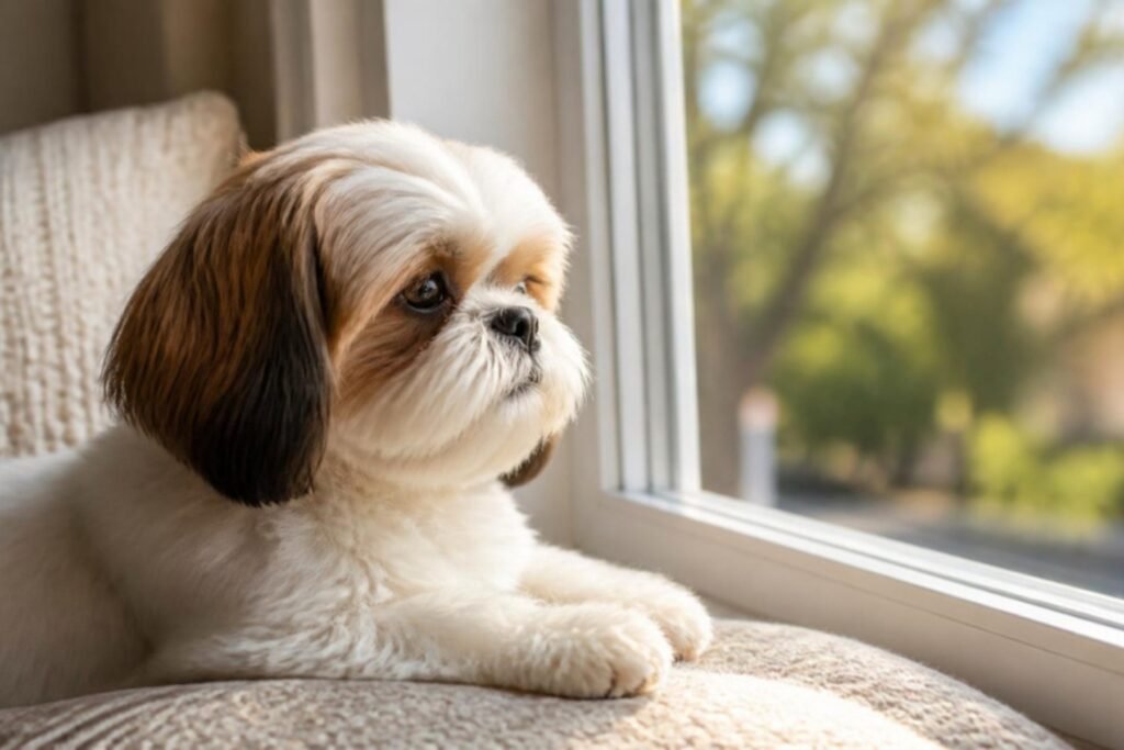 A white and brown Shih Tzu resting on a windowsill cushion, looking outside at soft afternoon light