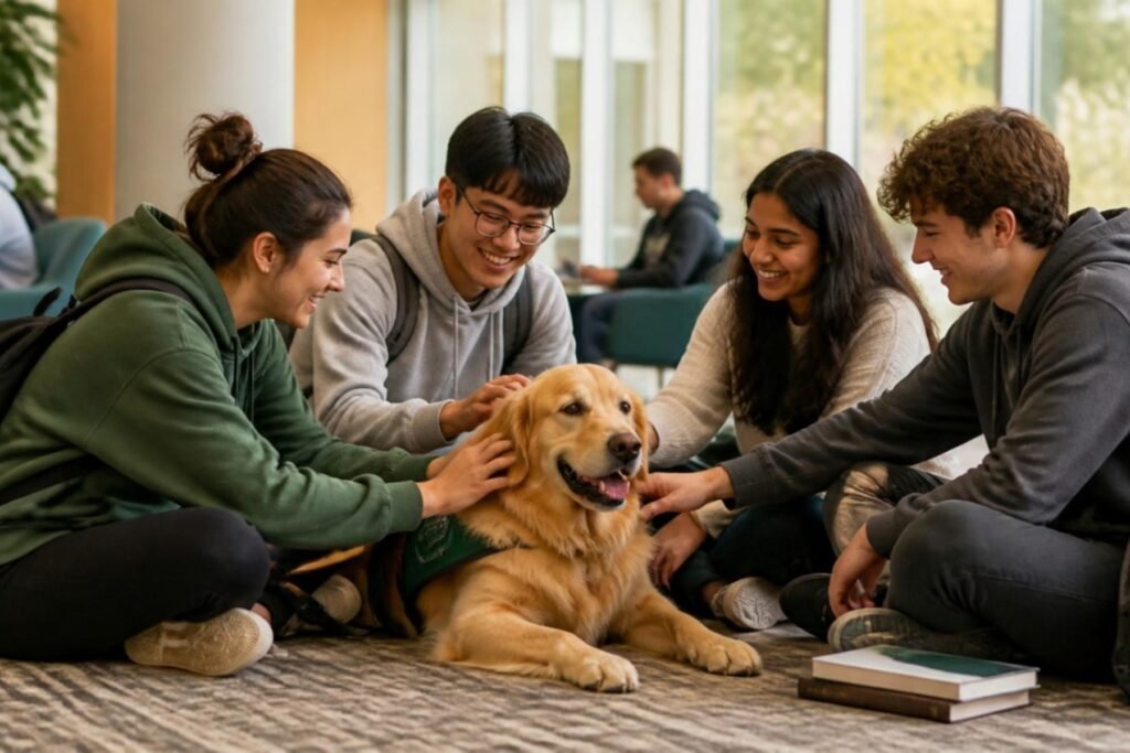 A group of smiling university students sitting on the floor petting a calm therapy dog