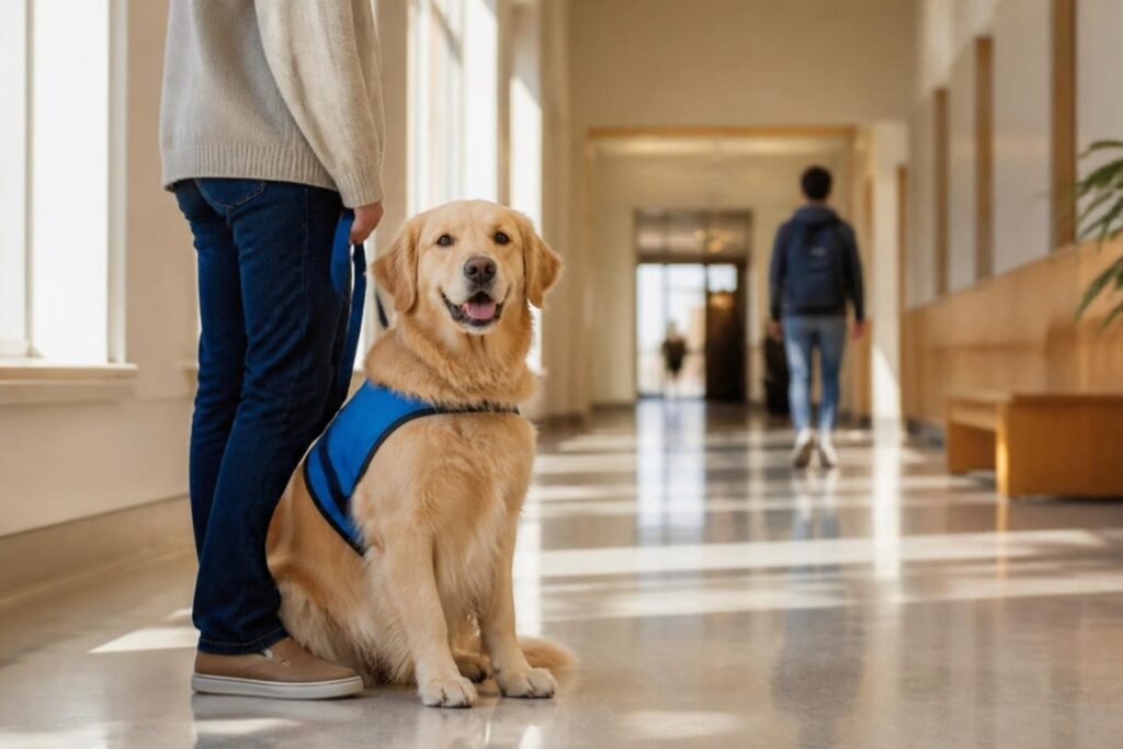 A gentle therapy dog in a vest sitting beside its handler in a bright campus hallway