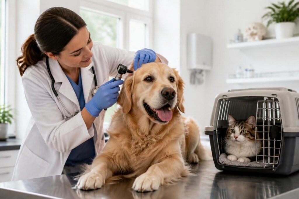 A veterinarian gently examining a calm dog in a bright exam room while a cat waits in a carrier
