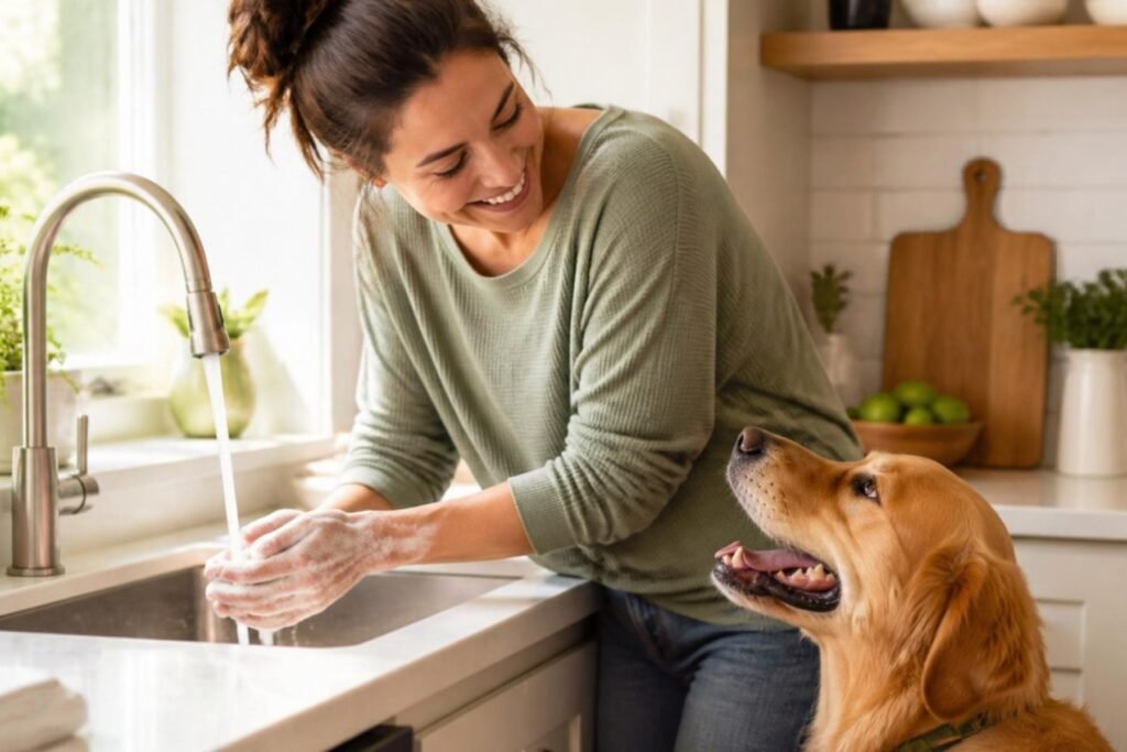 A person washing their hands at a kitchen sink while a happy dog sits nearby