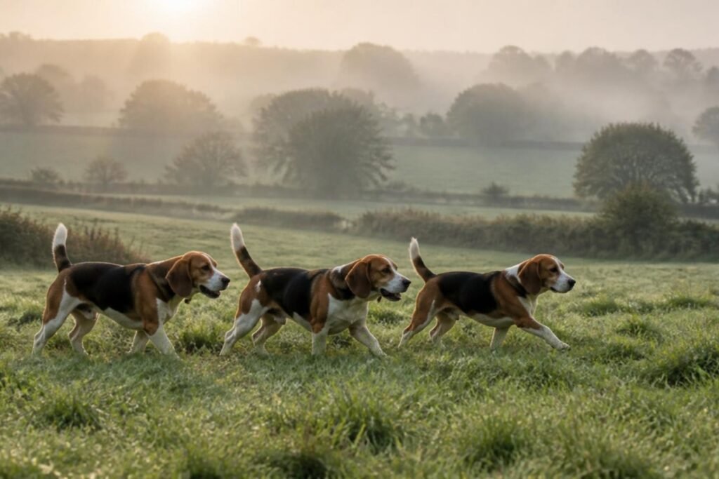 A small pack of tricolor Beagles trotting together across a misty green English countryside field in early morning light