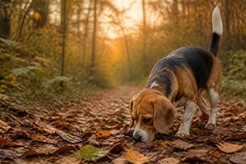 A Beagle sniffing fallen autumn leaves along a forest trail with their white-tipped tail held high