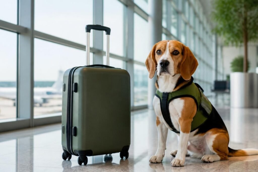 A Beagle in a small working vest sitting politely beside a suitcase in a bright airport terminal, with no people visible