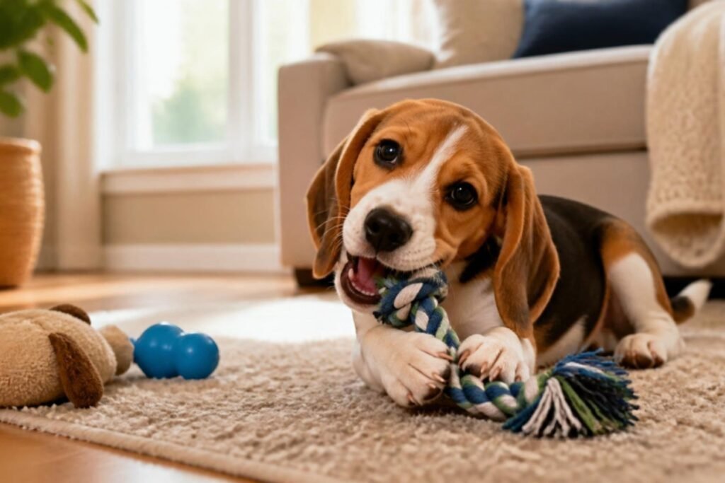 A happy Beagle puppy chewing on a rope toy on a living room rug with a few scattered dog toys nearby