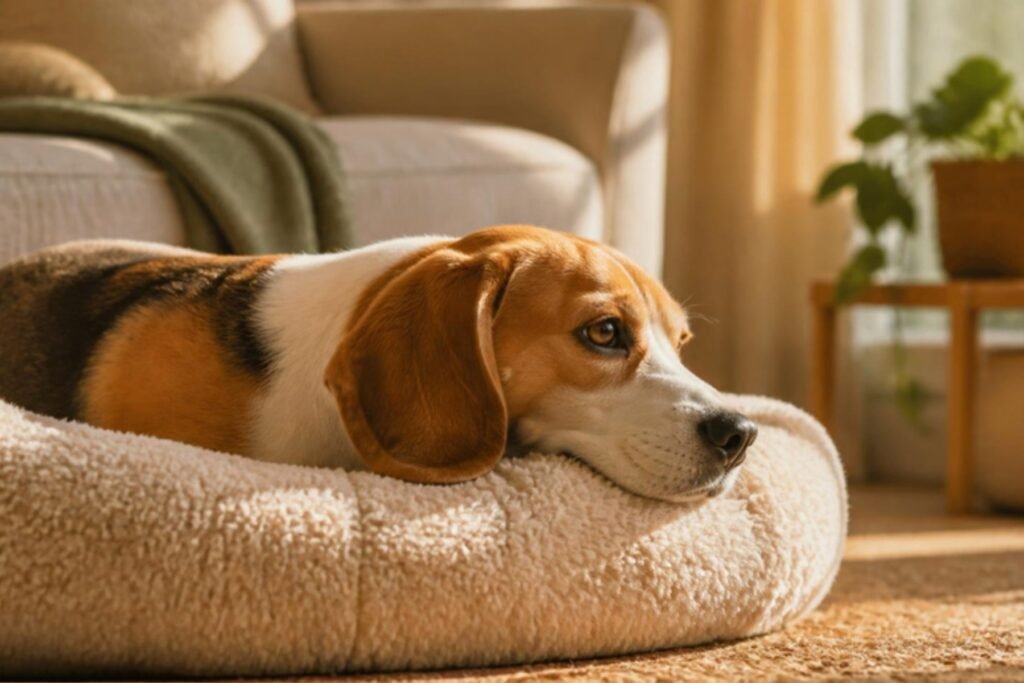 A Beagle resting their chin on the edge of a soft dog bed in a warm living room with afternoon light