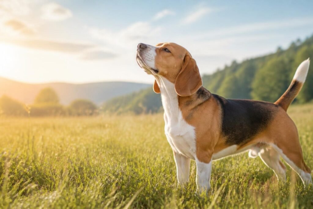 A tricolor Beagle with long soft ears and a white-tipped tail standing in a sunny meadow with their nose lifted to the breeze