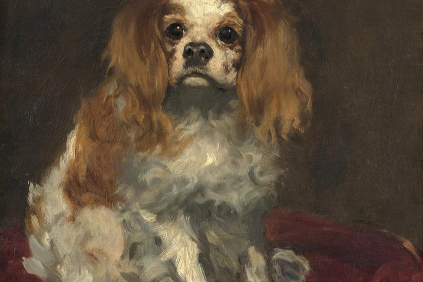 A 19th-century painting of a King Charles Spaniel with long, wavy ears (c. 1866)