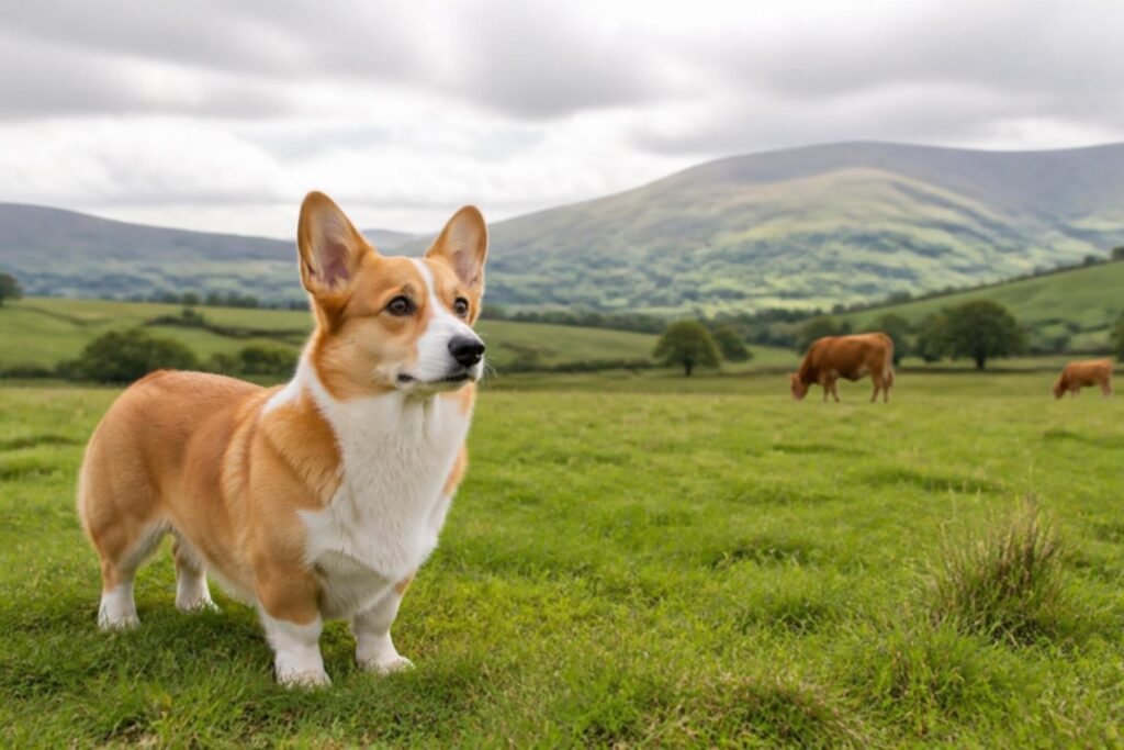 A Pembroke Welsh Corgi standing alert in a green Welsh pasture with a few brown cows grazing in the distance