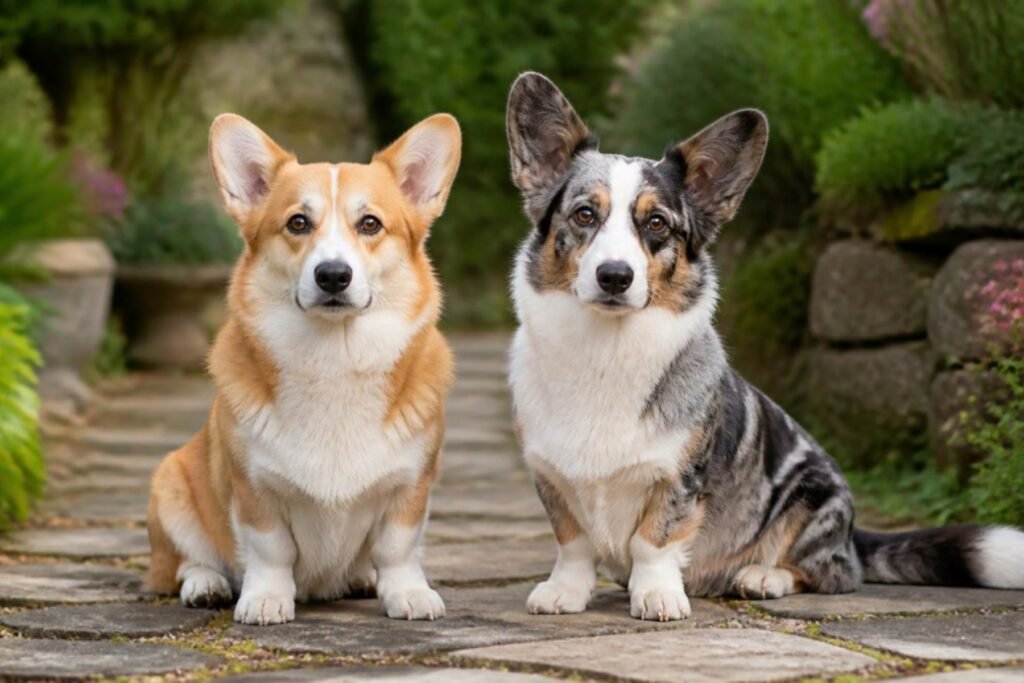 A red and white Pembroke Welsh Corgi and a blue merle Cardigan Welsh Corgi sitting side by side on a garden path