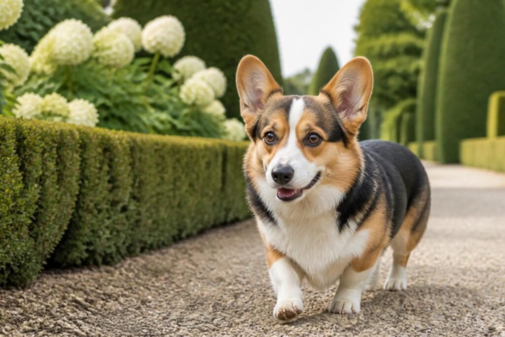 A tricolor Pembroke Welsh Corgi walking along a gravel path in a formal English garden with neatly trimmed hedges