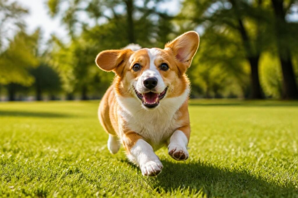 A red and white Pembroke Welsh Corgi running across a sunny park lawn with ears flopping and mouth open in a happy grin