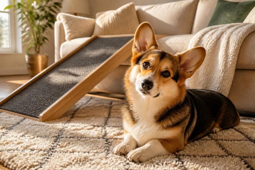 A sable Pembroke Welsh Corgi resting on a soft rug in a sunny living room with a small dog ramp beside the couch