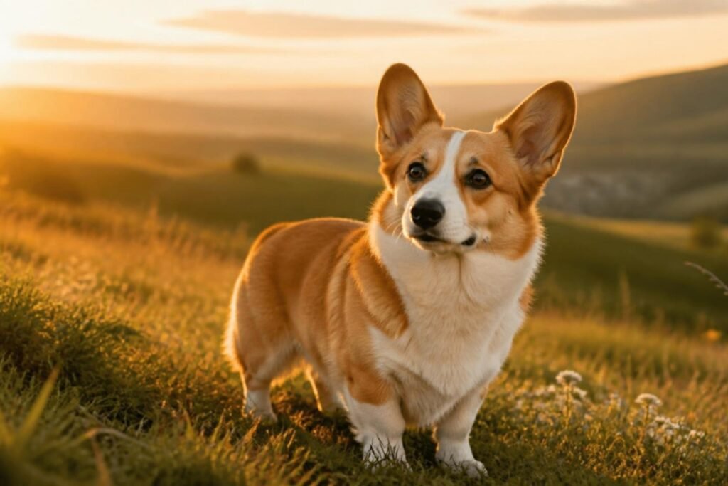 A red and white Pembroke Welsh Corgi with big upright ears standing on a grassy hillside in soft golden evening light