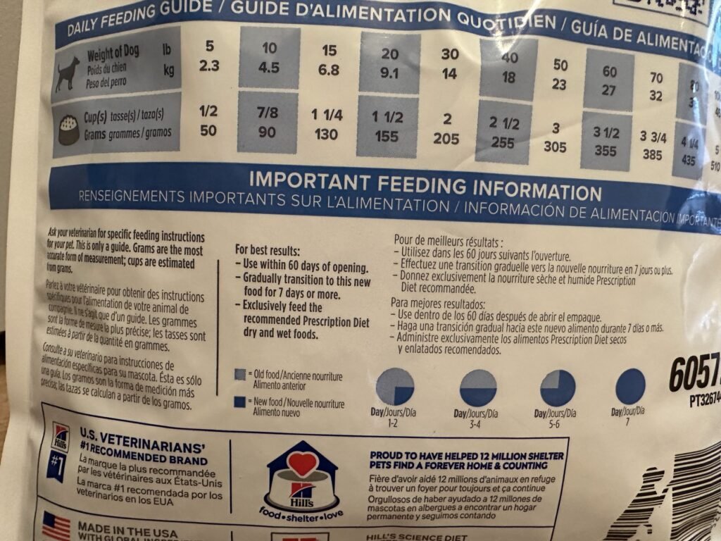 The daily feeding guide on the Hill’s Derm Complete bag, showing cups and grams by dog weight