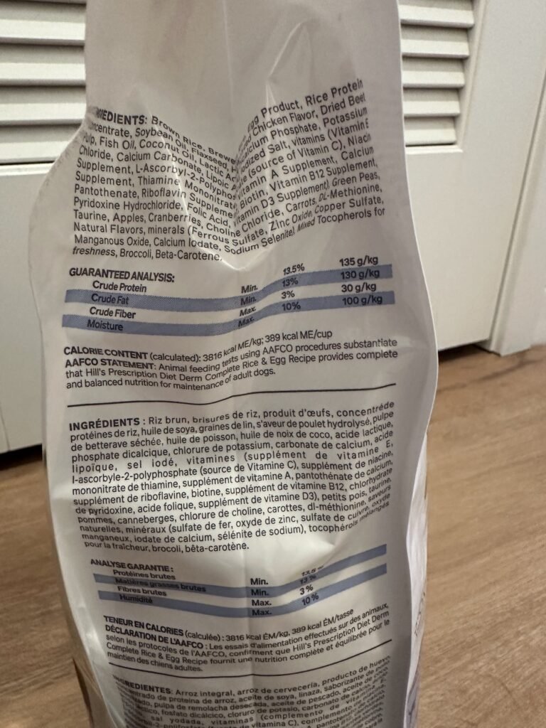The back of the Hill’s Derm Complete bag showing the full English ingredient list and guaranteed analysis